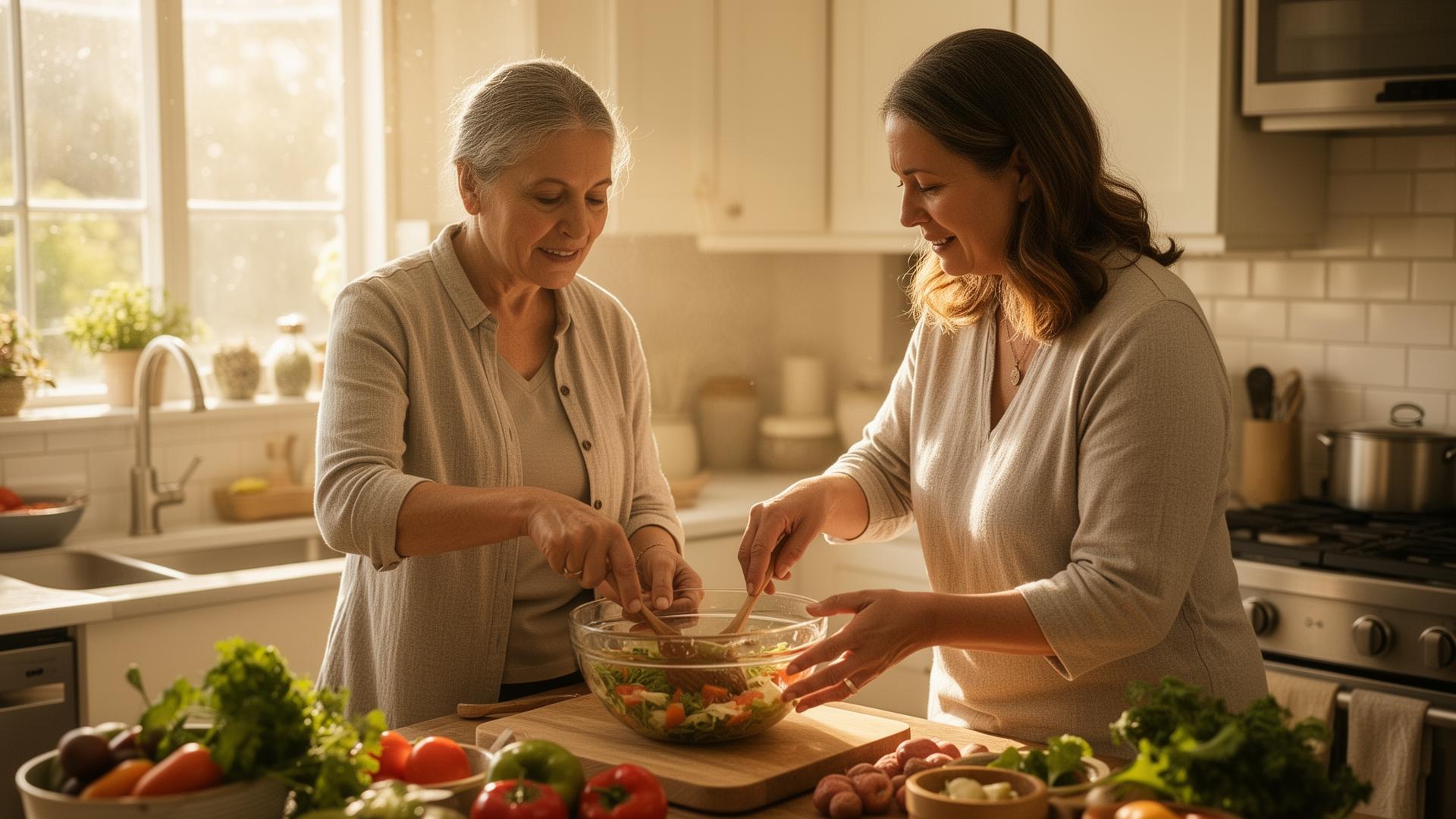 A direct support professional and an adult participant preparing a meal together in a warm home kitchen
