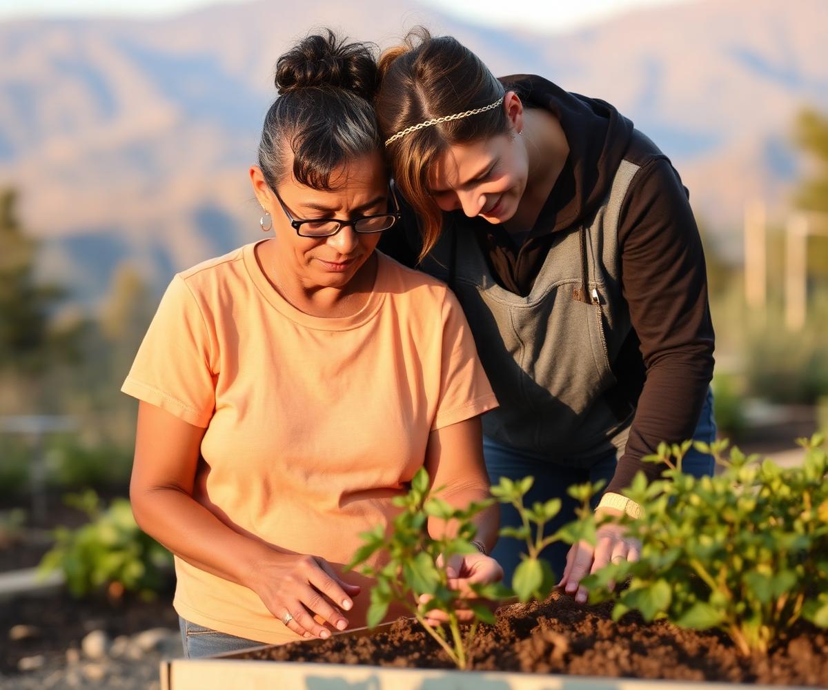 A participant and a support professional gardening together outdoors with mountains in the distance